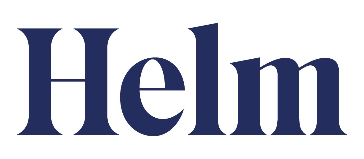 The image shows the name "Helm" in large blue letters on a green background.
